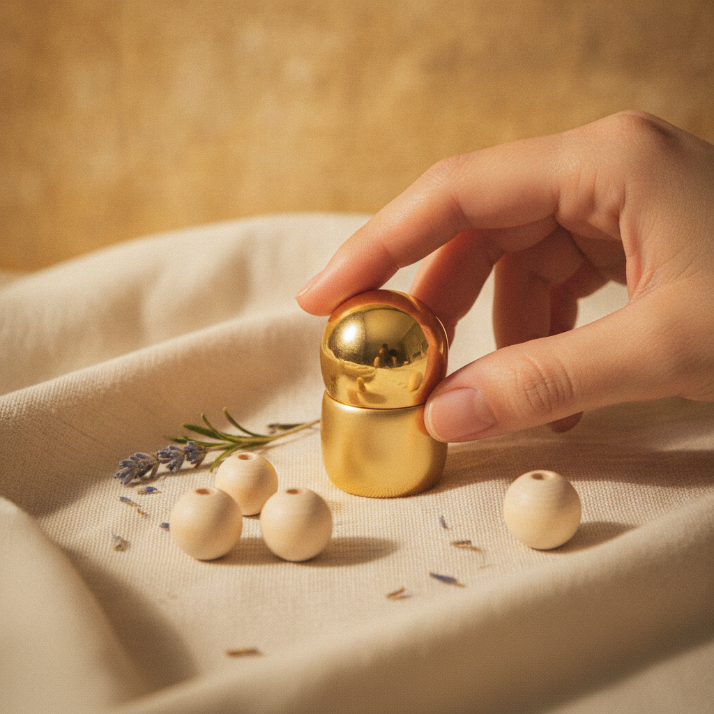 Hand holding a gold roll-on perfume bottle on cream fabric beside smooth wooden beads and dried herbs in warm light