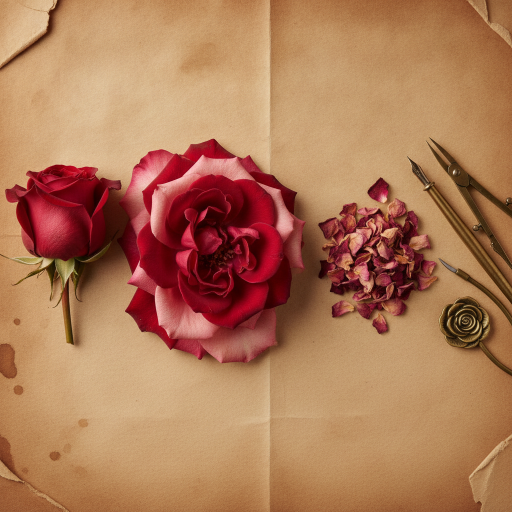 Fresh, full-bloom, and dried rose petals arranged on aged parchment with gold botanical tools in soft diffuse light.