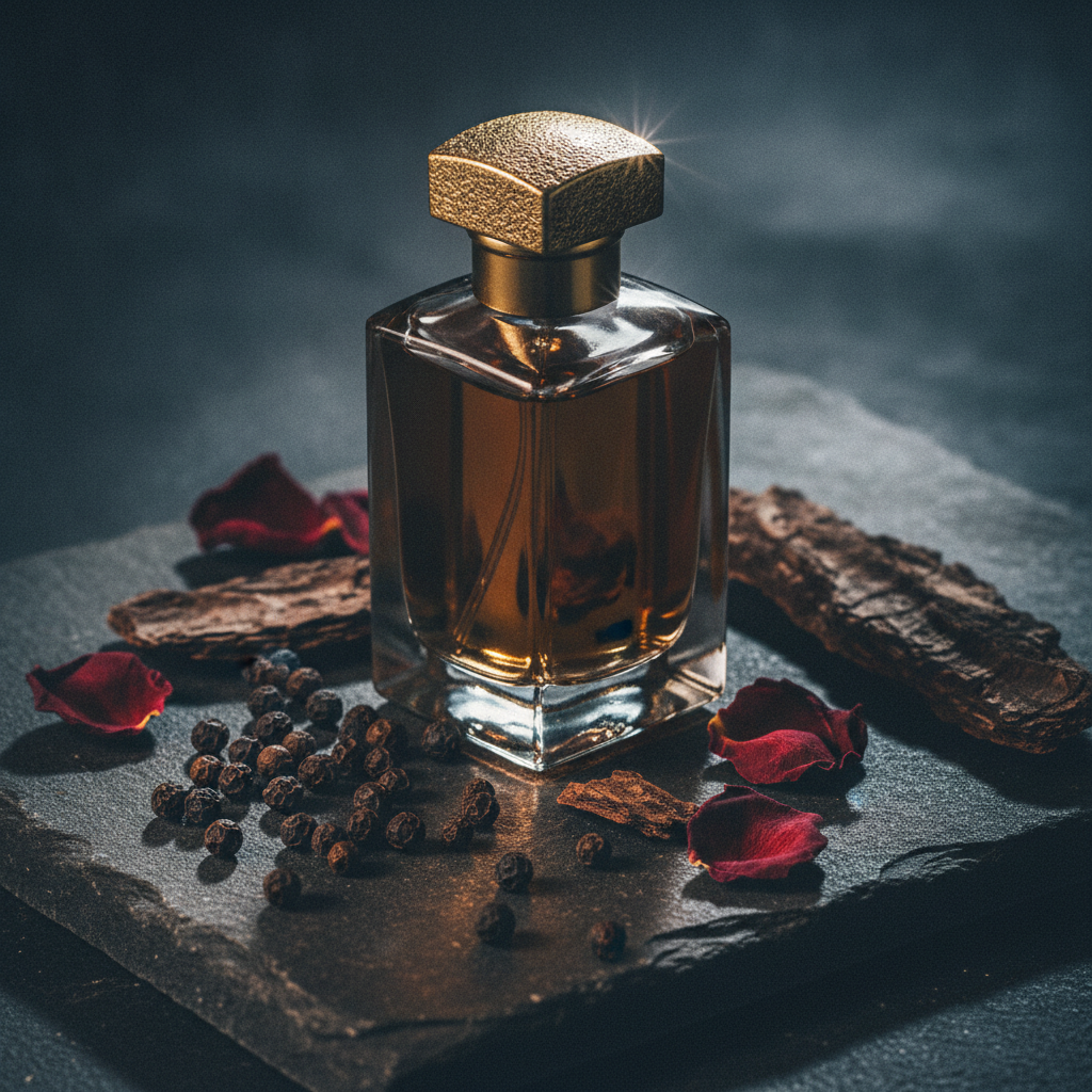 Dark amber-glass perfume bottle beside black peppercorns, dried rose petals, and bark pieces on a dark stone surface with antique gold detail.