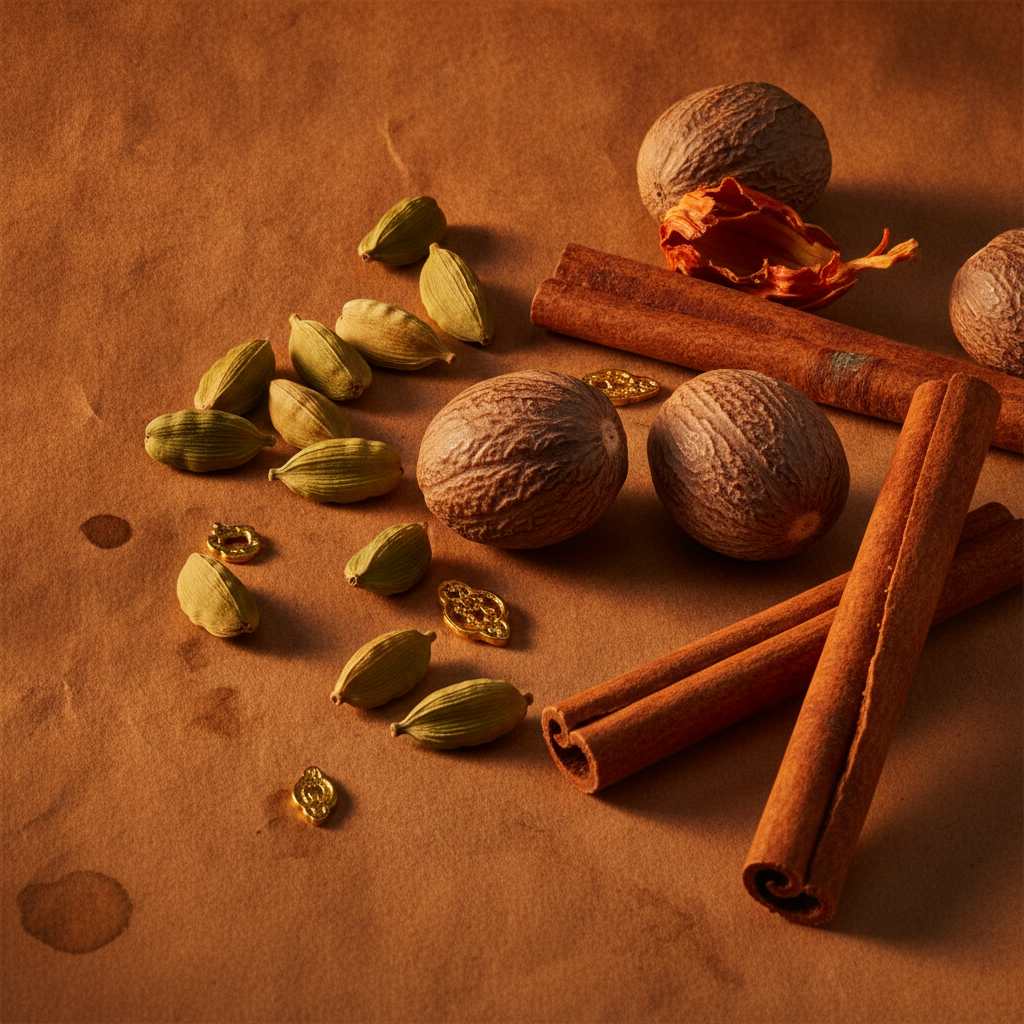 Cardamom pods, whole nutmeg, and cinnamon sticks scattered on aged parchment paper in warm autumn light.