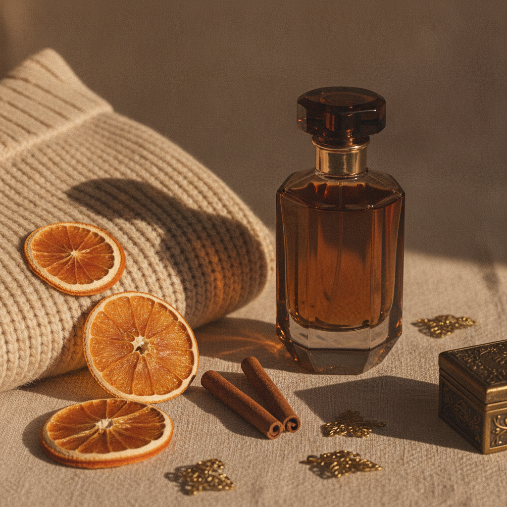 Dark amber perfume bottle beside a folded knit sweater, dried orange slices, and cinnamon sticks on a cream linen surface.