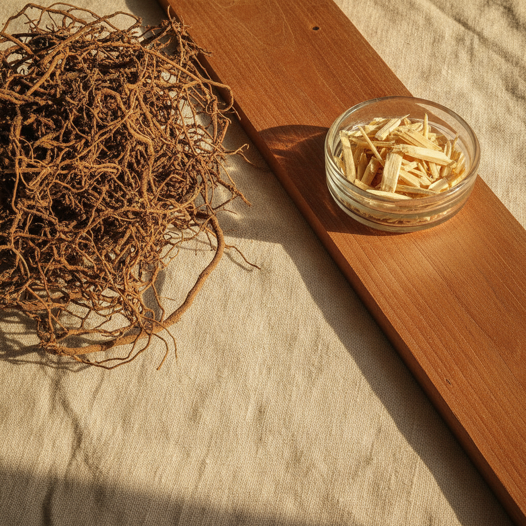 Vetiver roots, a cedar plank, and sandalwood chips arranged on cream linen in warm light