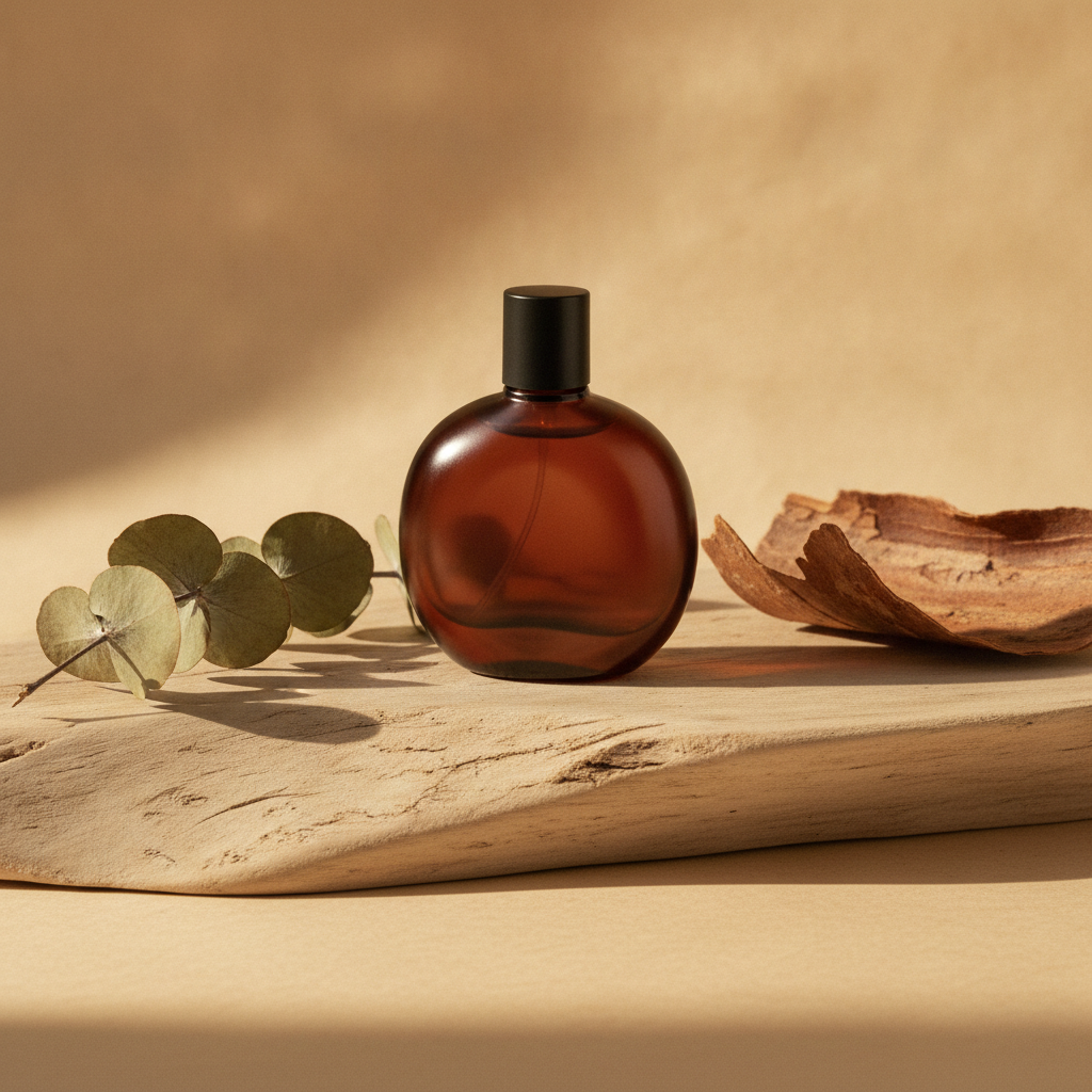 Amber perfume bottle on raw wood with dried greenery and cedar bark in soft natural light