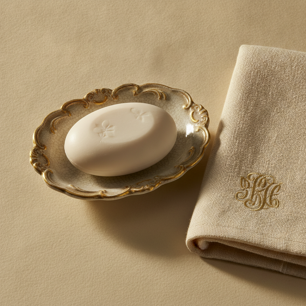 Aged ceramic soap dish with a floral oval soap bar beside a folded ivory linen hand towel in warm morning light.