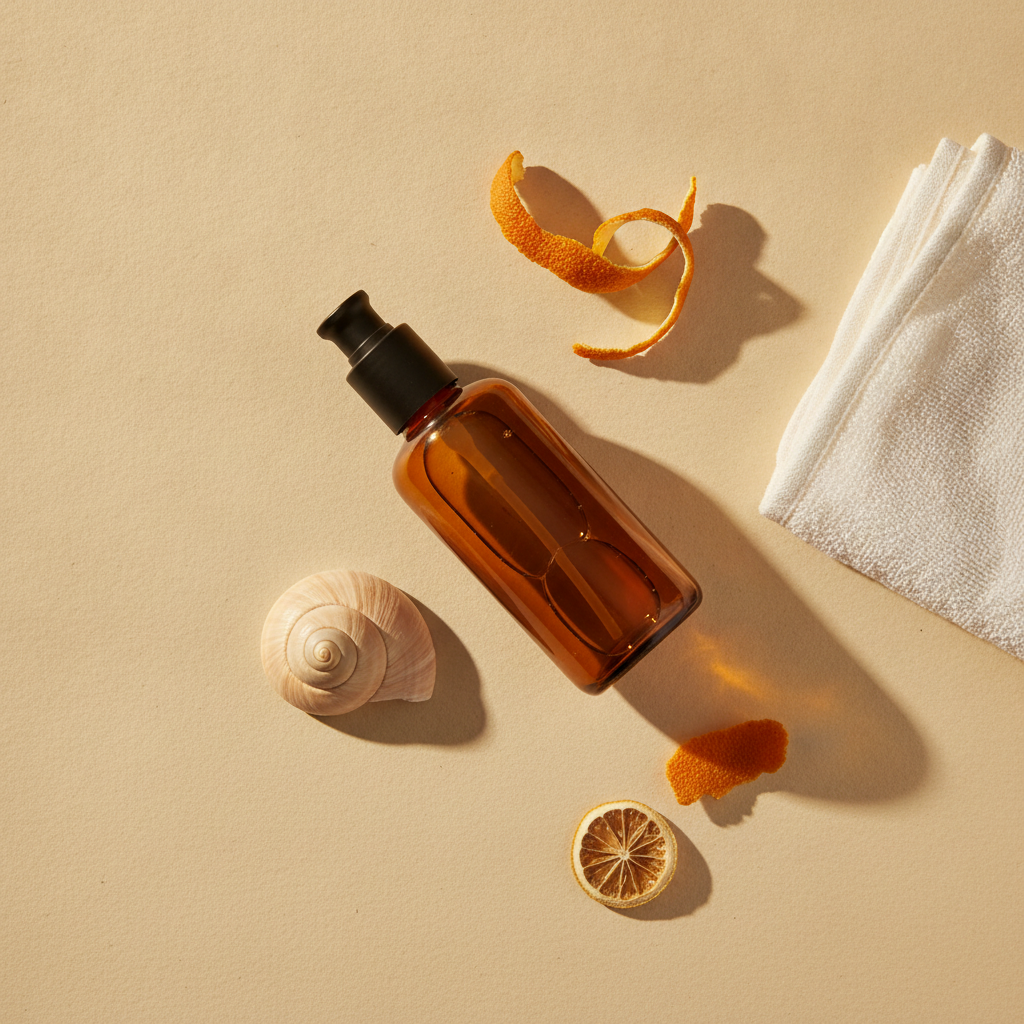 Vintage amber glass bottle on its side next to a pale seashell, dried citrus peels, and a folded white cotton towel in warm golden light.