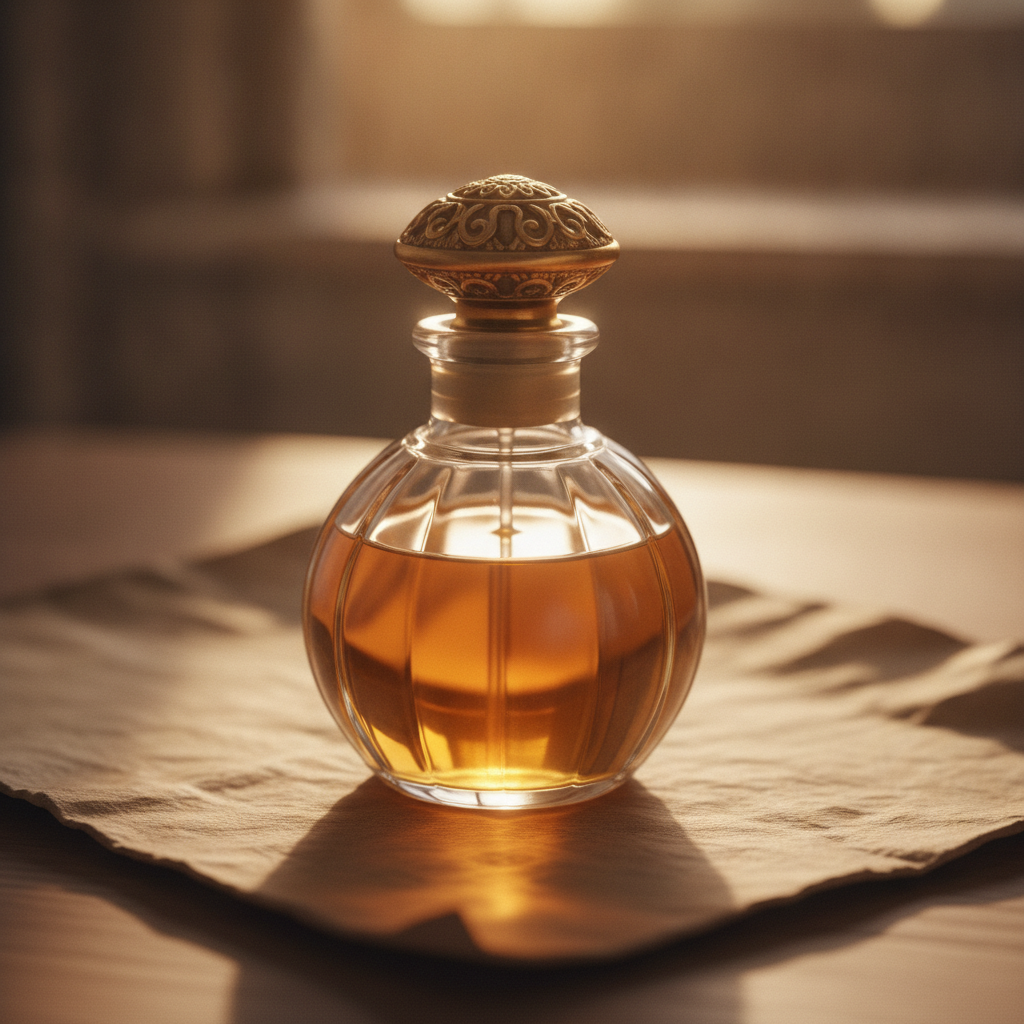 Close-up of amber perfume liquid in a glass bottle caught in warm natural light on a cream surface