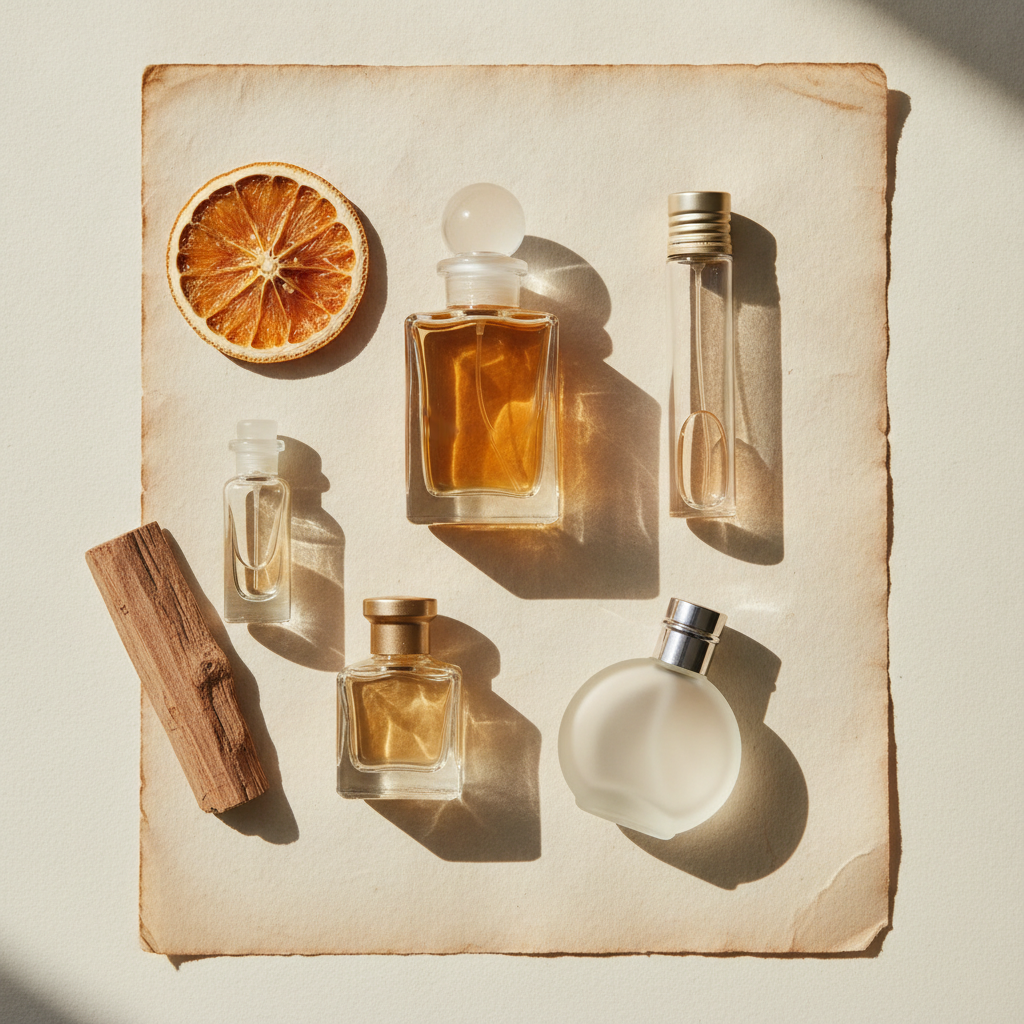 Flat lay of various small perfume bottles with amber and clear liquid on cream paper beside dried botanicals in soft natural light