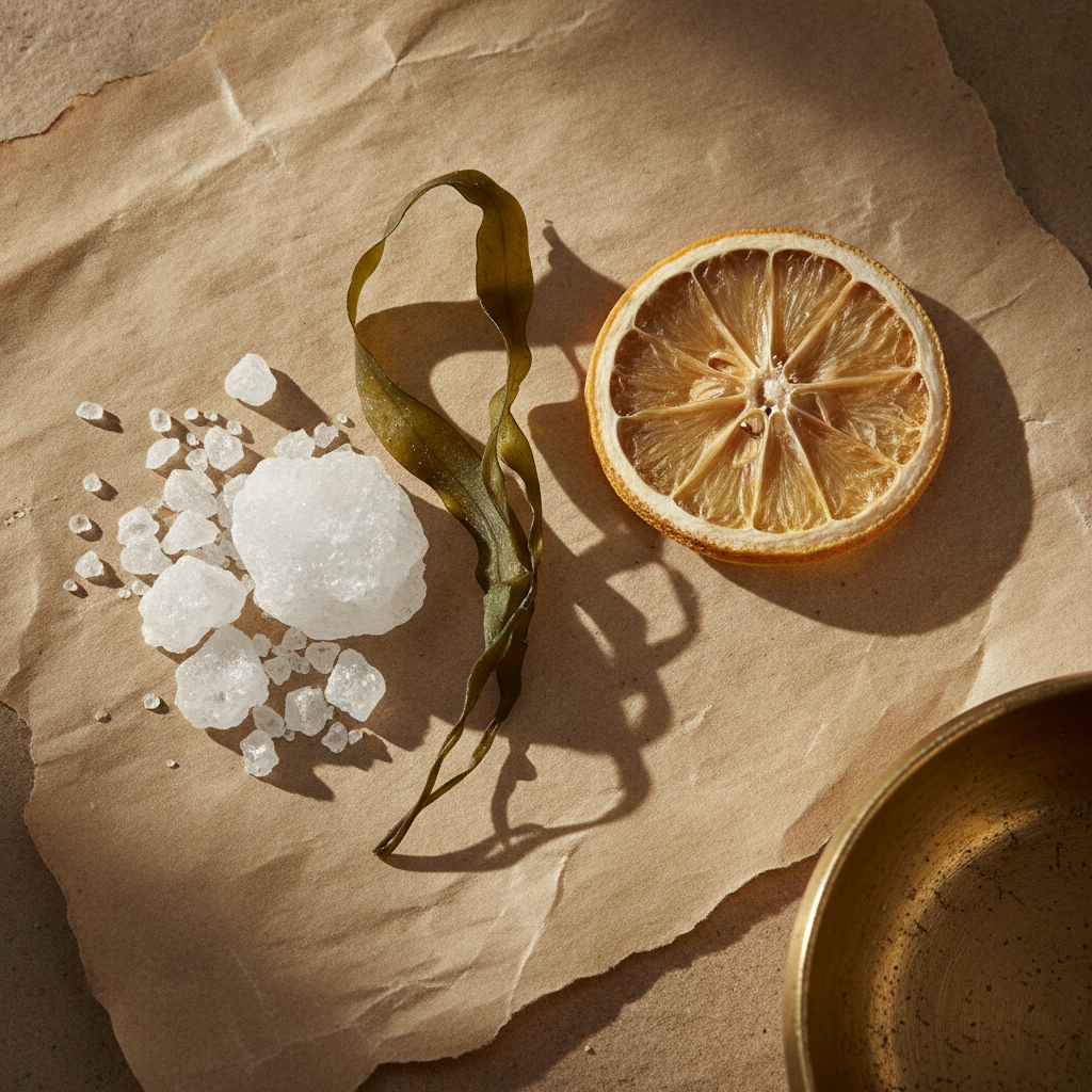 Sea salt crystals, a dried kelp frond, and a pale citrus wedge on cream parchment paper in soft side light.