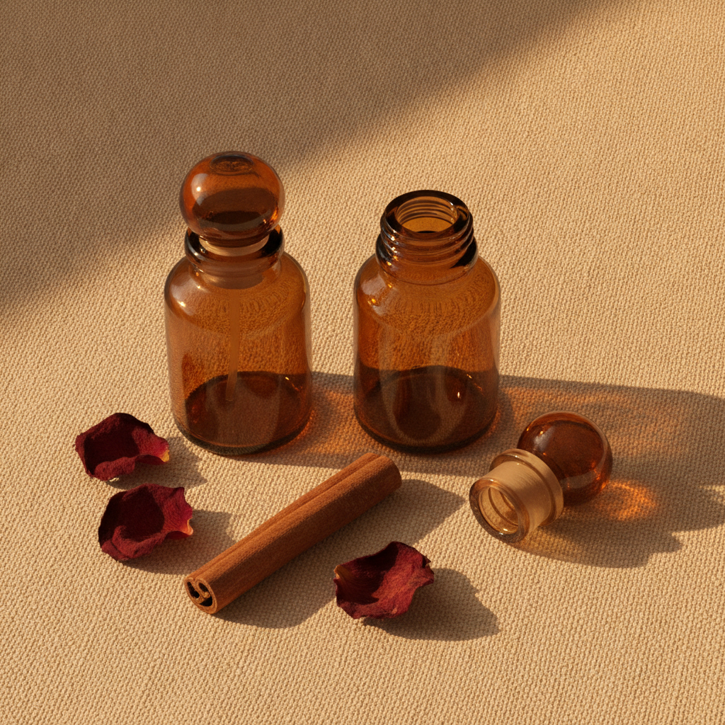 Two amber glass perfume bottles beside dried rose petals and a cinnamon stick on cream linen in warm side light.
