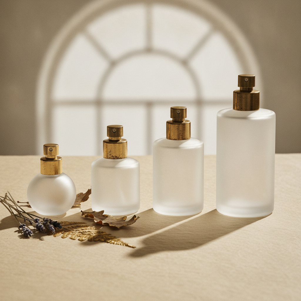 A graduated row of frosted glass perfume bottles from small to large with dried botanicals on cream paper in soft natural light
