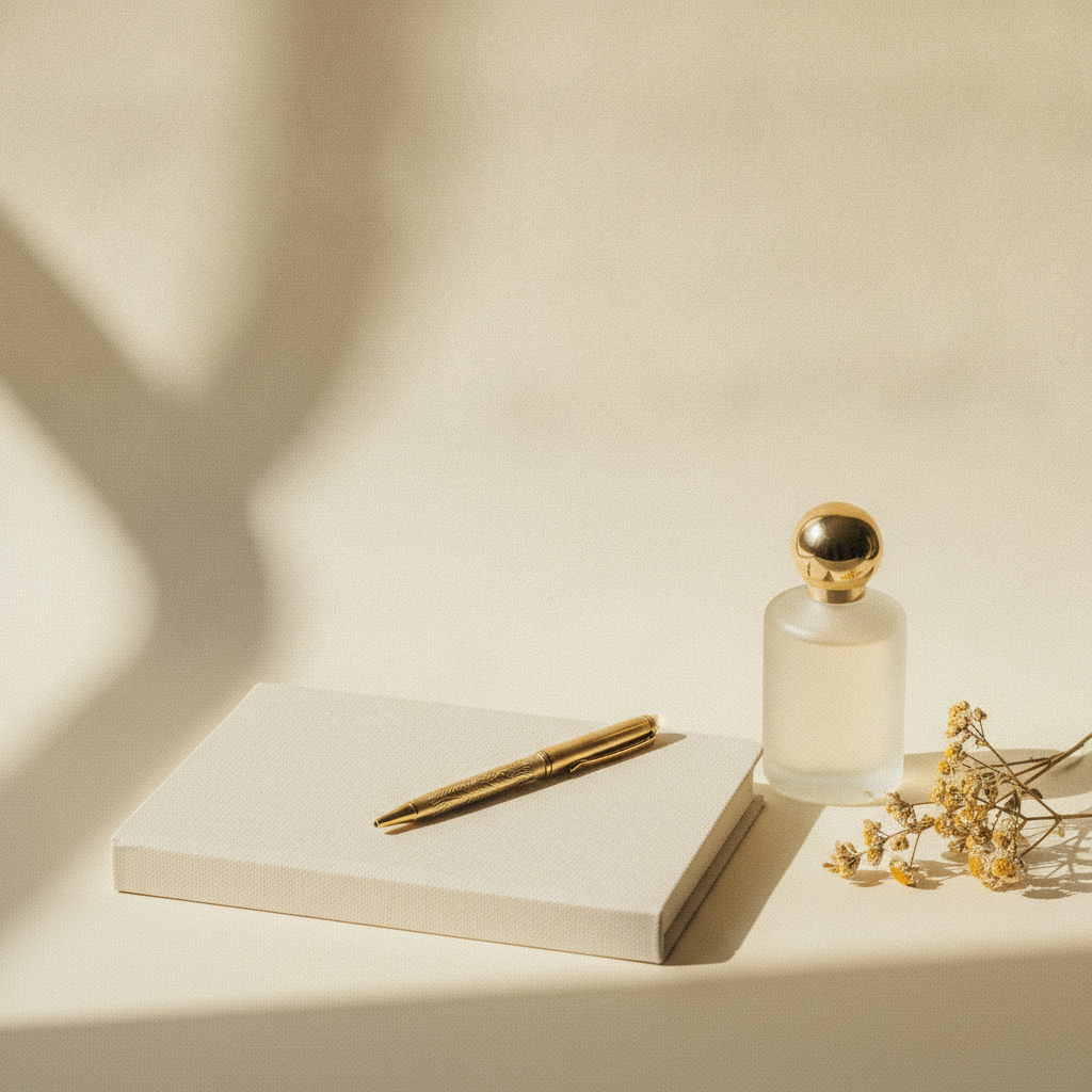 A closed cream notebook with a slim gold pen resting on top beside a frosted perfume bottle and dried botanicals on cream paper in soft natural light