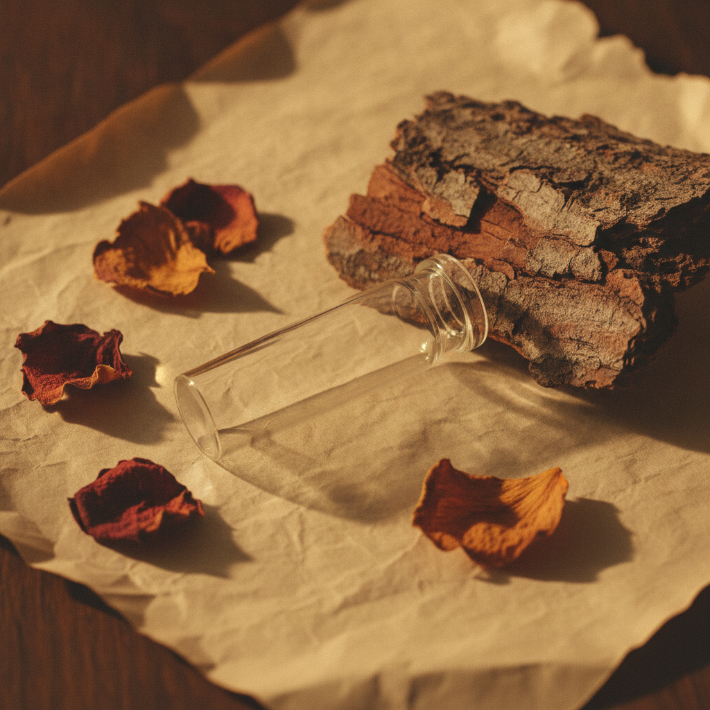 A small glass perfume sample vial on cream parchment beside bark and dried petals