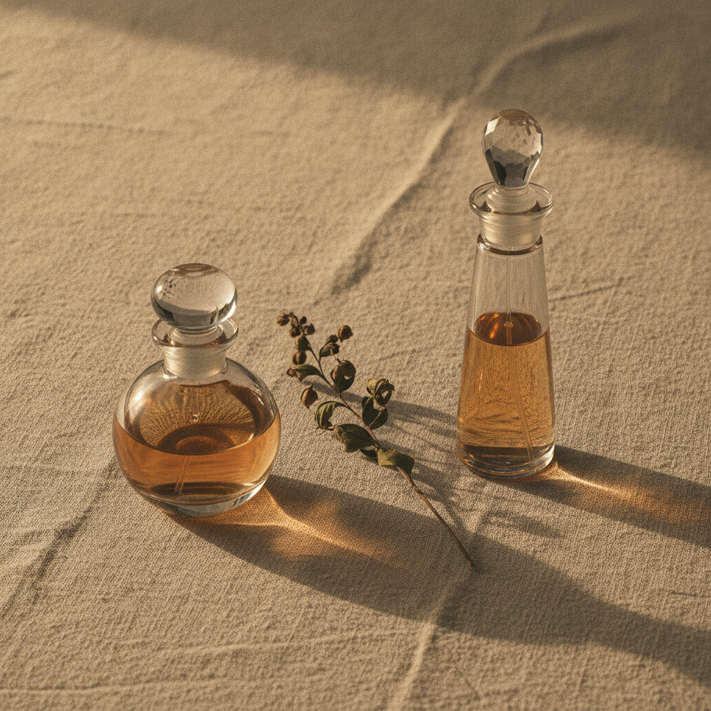 Two small glass perfume bottles on cream linen with a dried botanical sprig between them