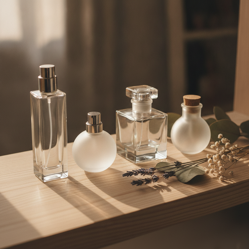 Four perfume bottles of varying heights on a pale wood surface with botanical sprigs in warm raking light