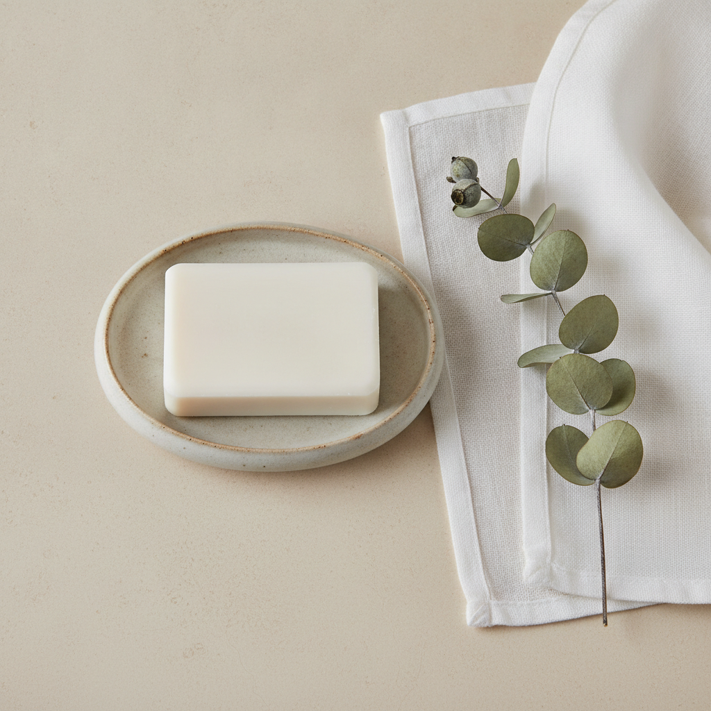 Unscented soap bar on a ceramic dish beside a folded linen towel and dried eucalyptus on a cream stone surface.