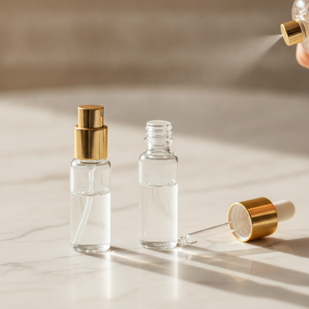 Small glass travel atomizers being refilled from a perfume bottle on a marble surface in warm natural light.
