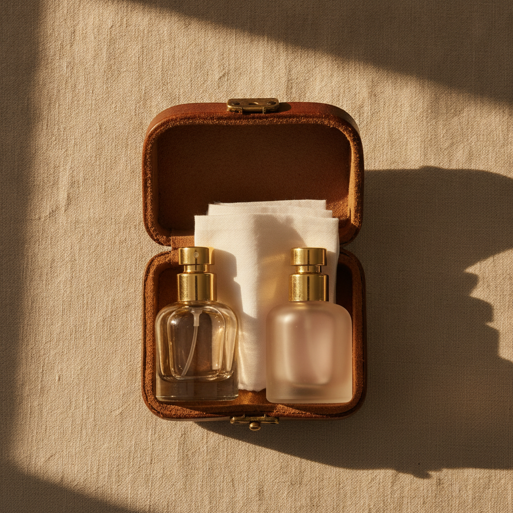 Overhead view of an open leather travel case with two small atomizer bottles and a folded linen cloth on a cream surface.