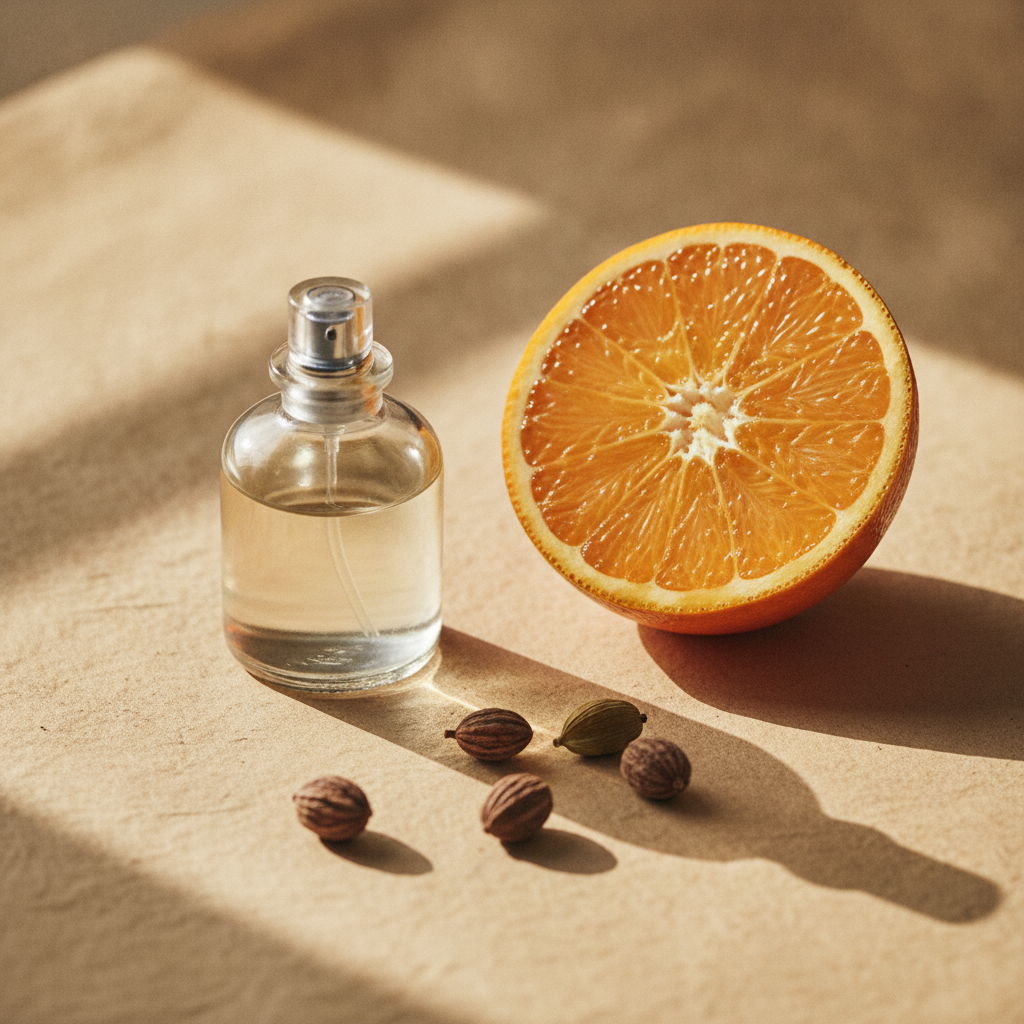Small glass perfume bottle beside a halved orange and cardamom pods in warm window light on cream parchment