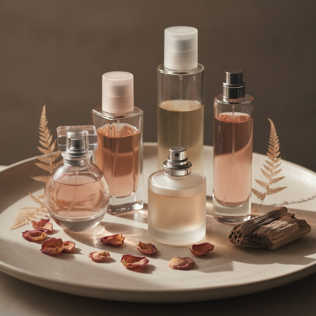 Close-up of several perfume bottles on cream surface with dried petals and raw wood in soft diffused light