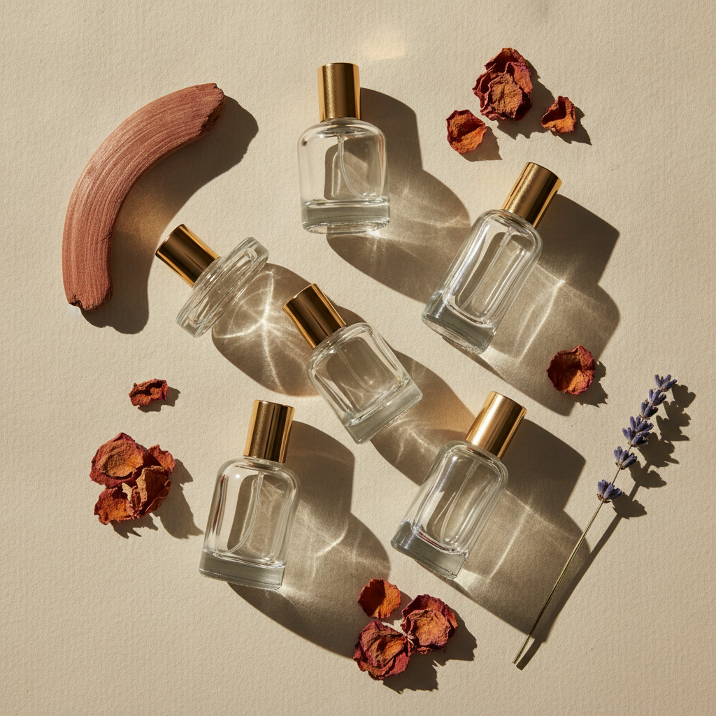 Several small minimalist glass perfume bottles arranged on cream parchment with dried botanicals, cedarwood curl, and rose petals in soft natural light