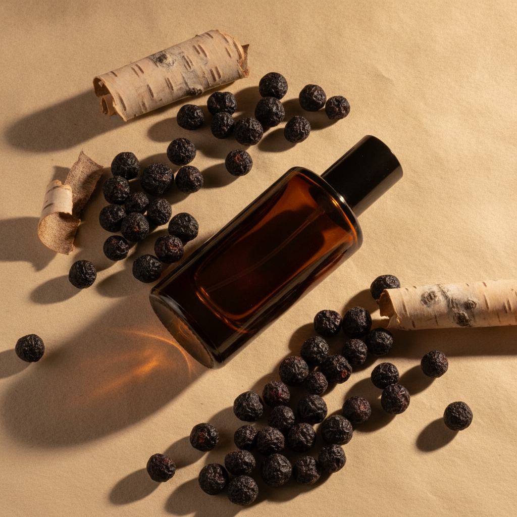 Dark glass perfume bottle on its side surrounded by dried black currant berries and birch bark on cream parchment