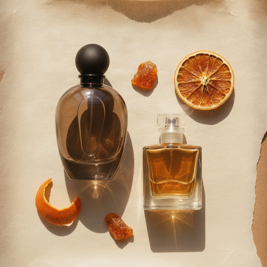 Two perfume bottles of different heights on cream parchment beside amber resin chips and a dried citrus peel curl