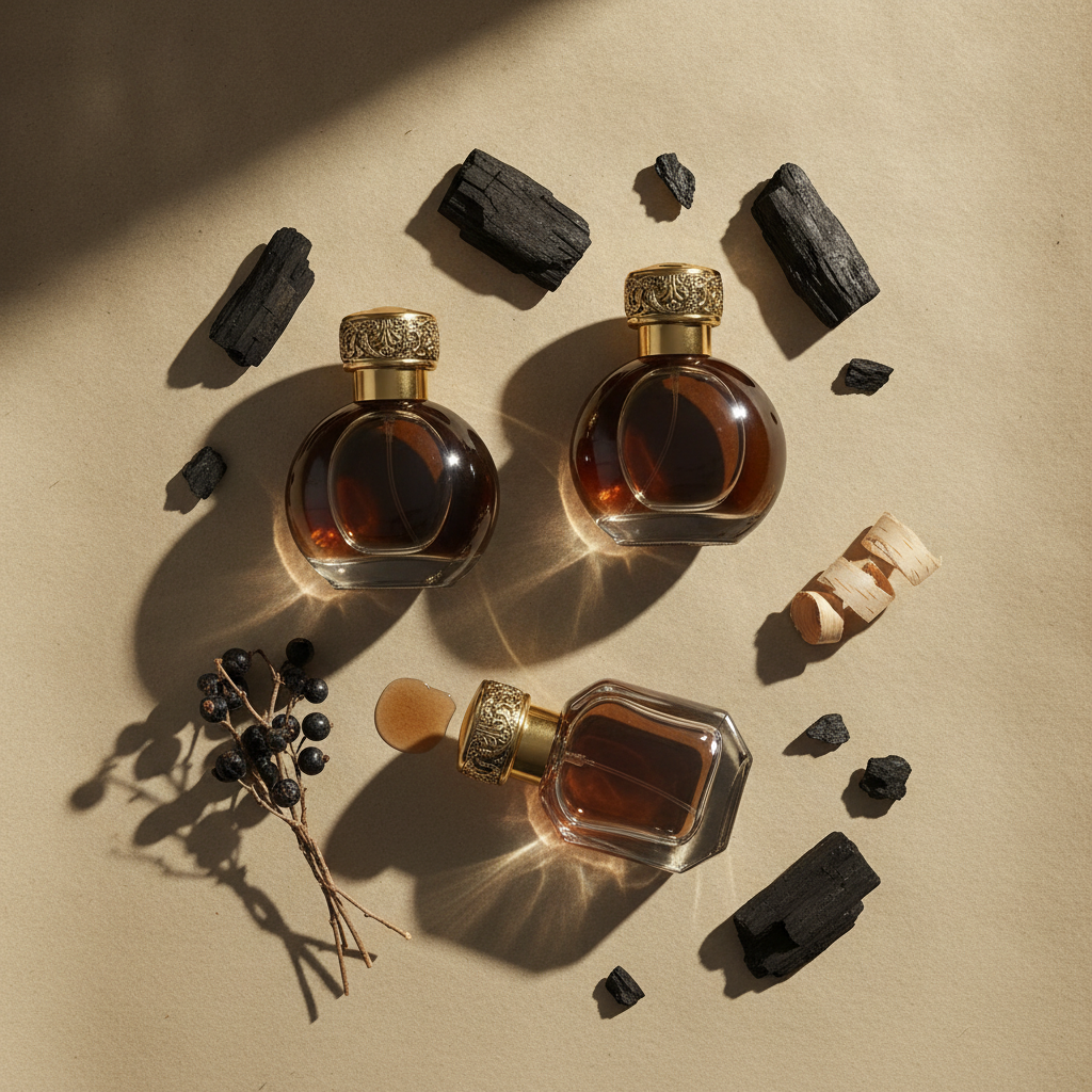 Three dark glass perfume flacons on cream paper surrounded by birch charcoal fragments, dried black currant stems, and a curl of pale birchwood