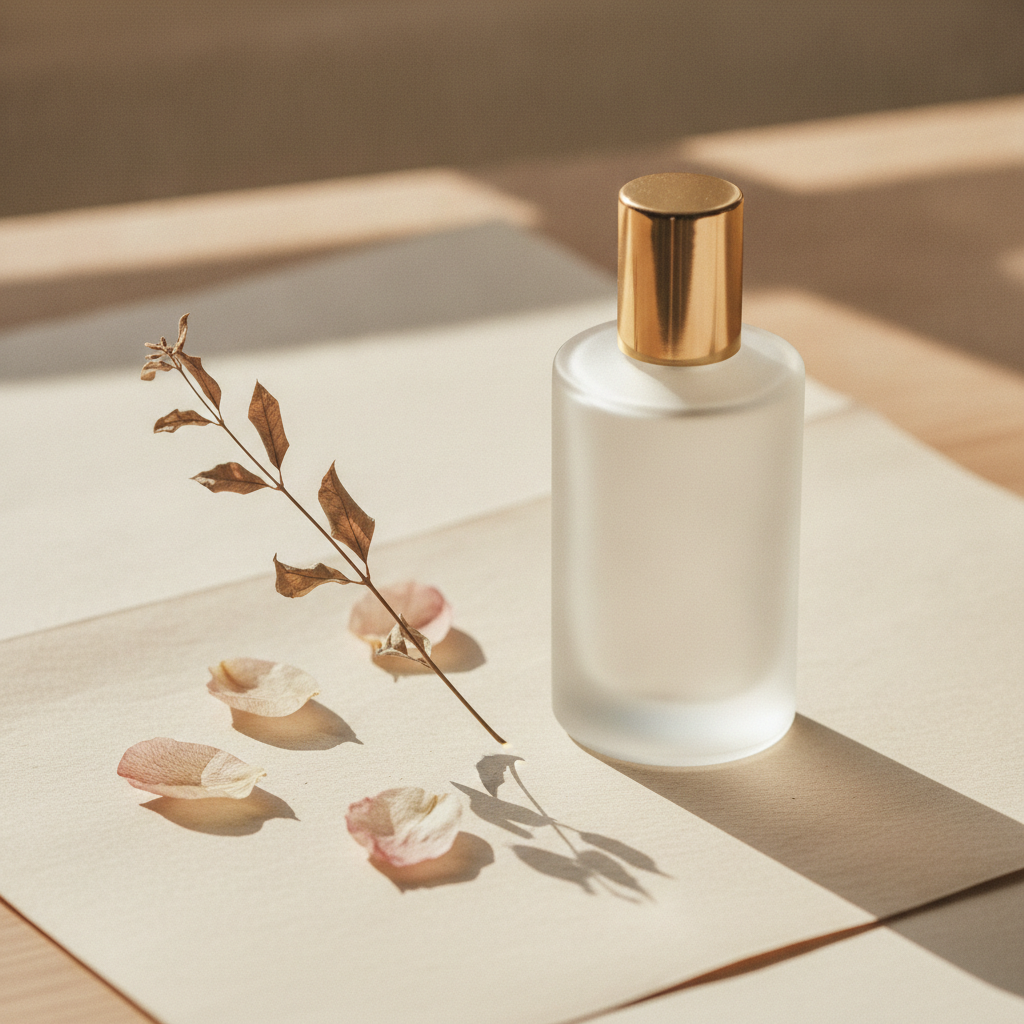 Minimalist pale glass perfume bottle with gold cap beside a dried botanical stem on cream paper