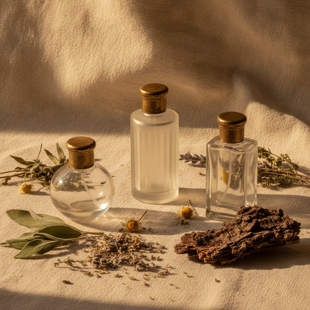 Small perfume bottles of varying heights arranged on cream linen beside dried herbs and bark in warm natural light