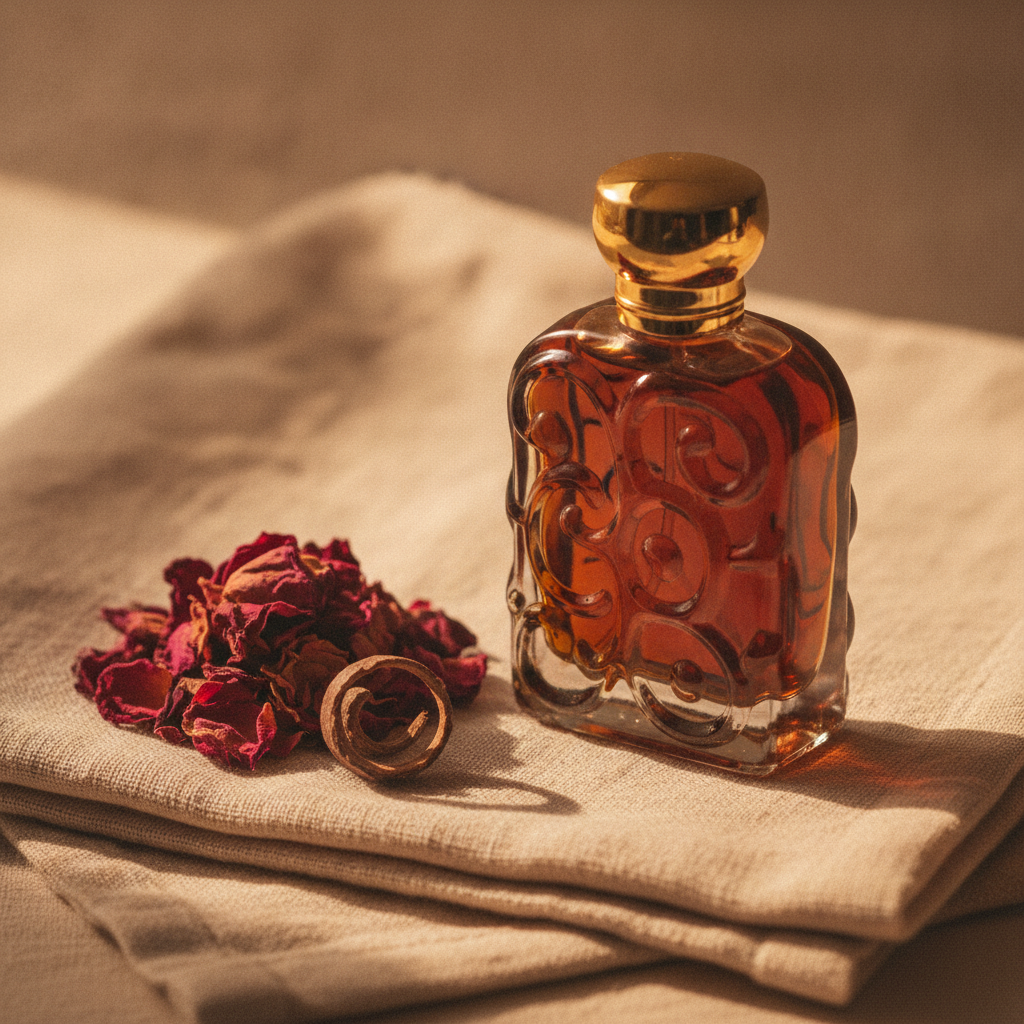 A dark amber Lattafa-style perfume bottle with a gold cap resting on cream linen beside dried rose petals and an oud wood shaving