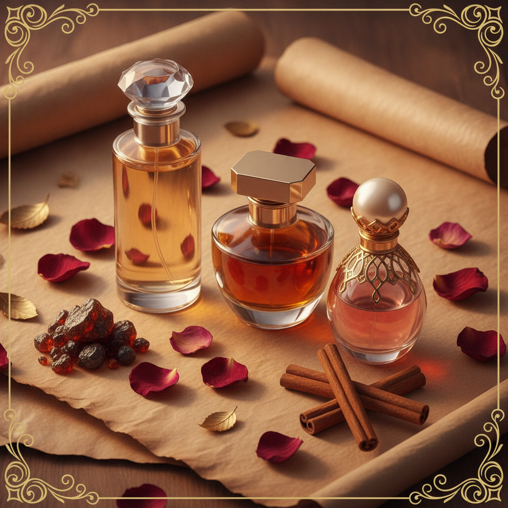 Three ornate perfume bottles on parchment paper surrounded by rose petals, dark amber resin, and cinnamon sticks in warm sidelight