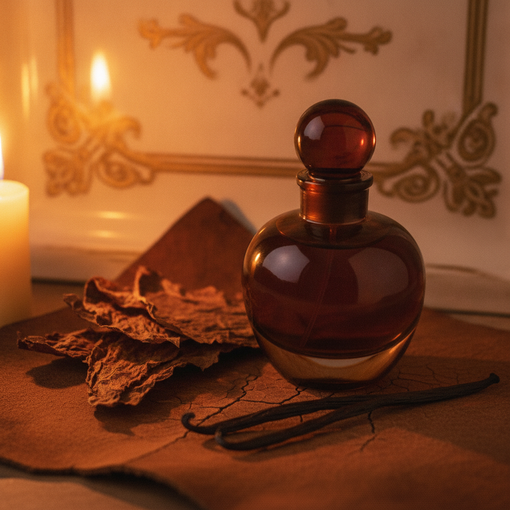 Dark amber perfume bottle beside dried tobacco leaves and a vanilla pod on aged leather