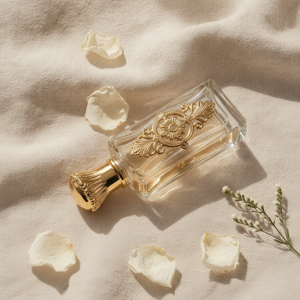 Gold-capped perfume bottle on cream linen beside dried white rose petals and green botanicals
