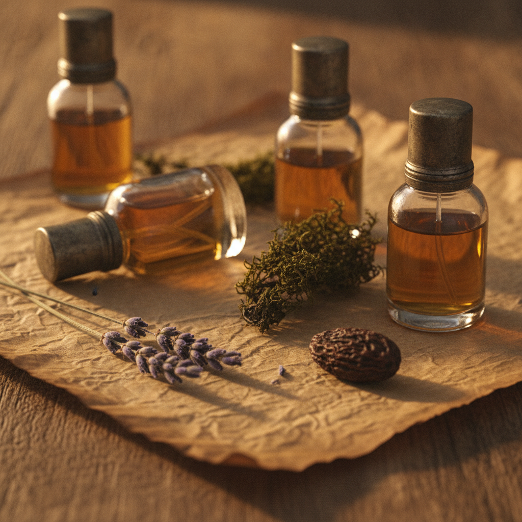 Dried lavender, oakmoss, and a tonka bean arranged with vintage perfume bottles on aged parchment