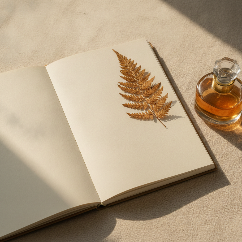 Open notebook beside a perfume bottle on cream linen with soft morning light and a pressed dried flower