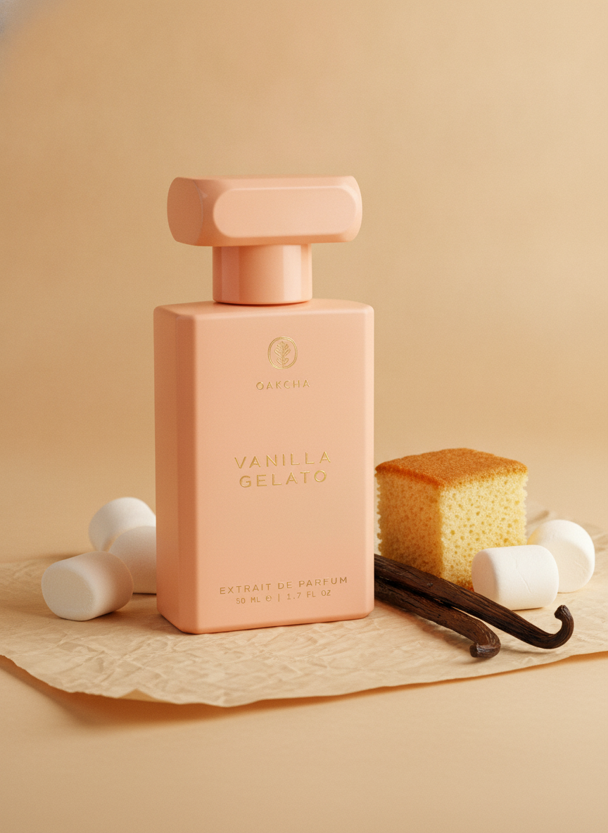 Oakcha Vanilla Gelato bottle with a vanilla pod, sponge cake, and marshmallows on cream paper