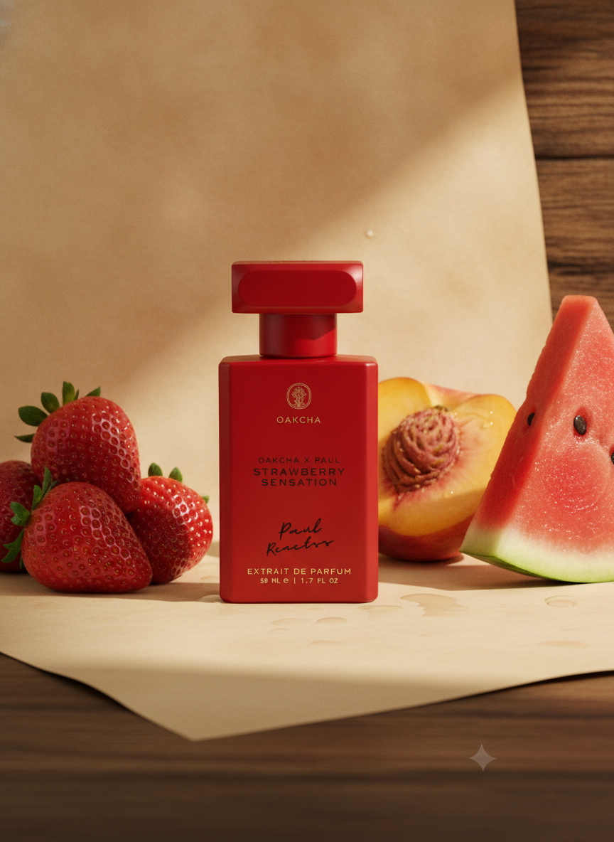 Oakcha Strawberry Sensation bottle with strawberries, peach, and watermelon on cream paper