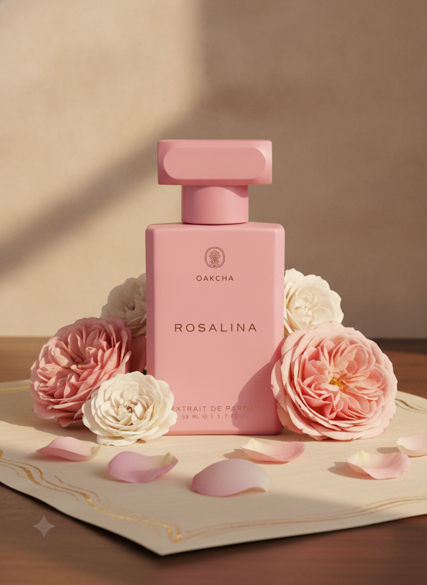 Oakcha Rosalina bottle with roses and petals on cream paper