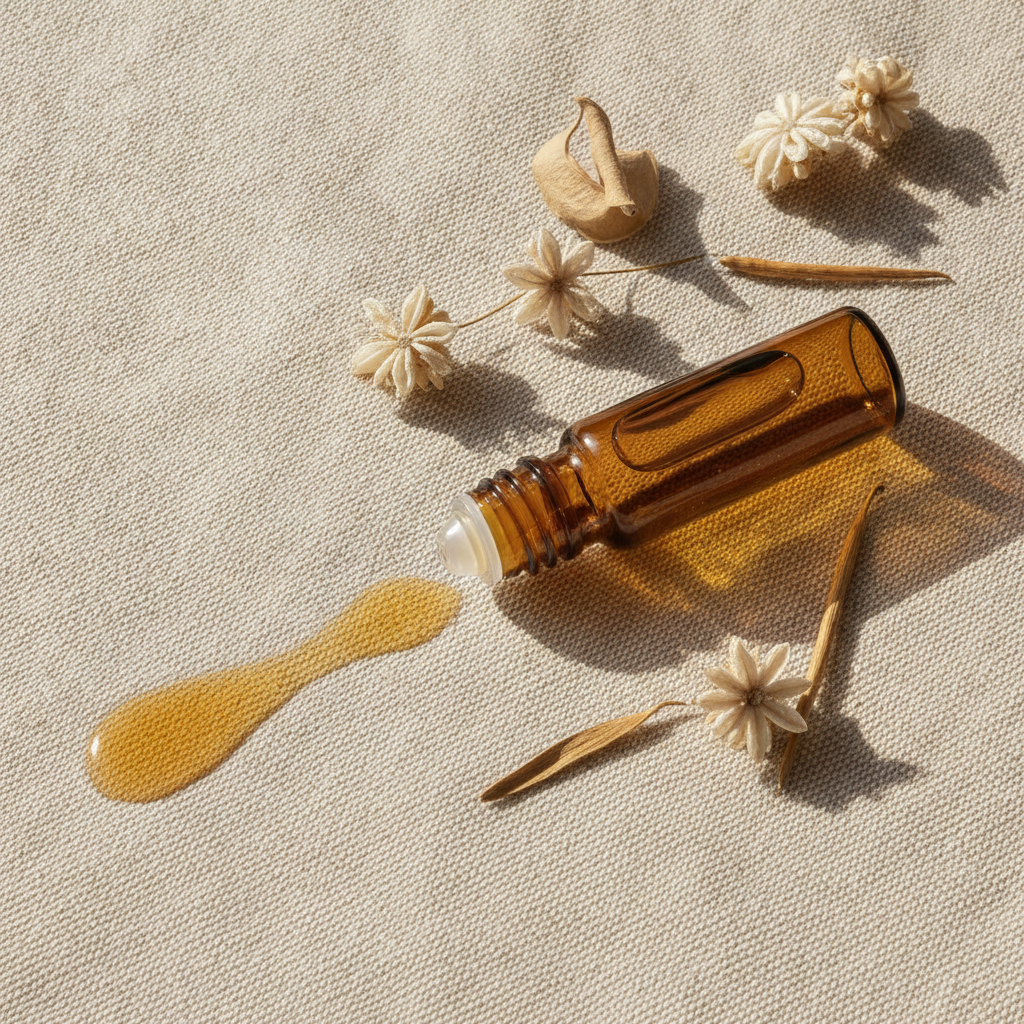 Amber roller oil vial on cream linen with golden oil and dried botanicals