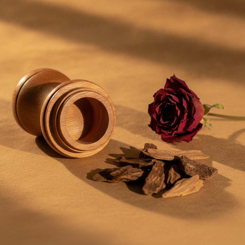 Carved wooden attar dibbi open beside oud chips and a dried rose on cream surface