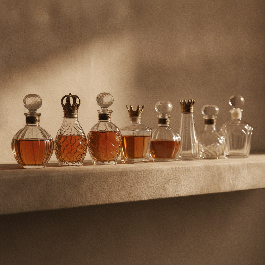 Several glass perfume bottles of varying shapes on a cream shelf, warm gold liquid visible inside, lit by soft natural light.