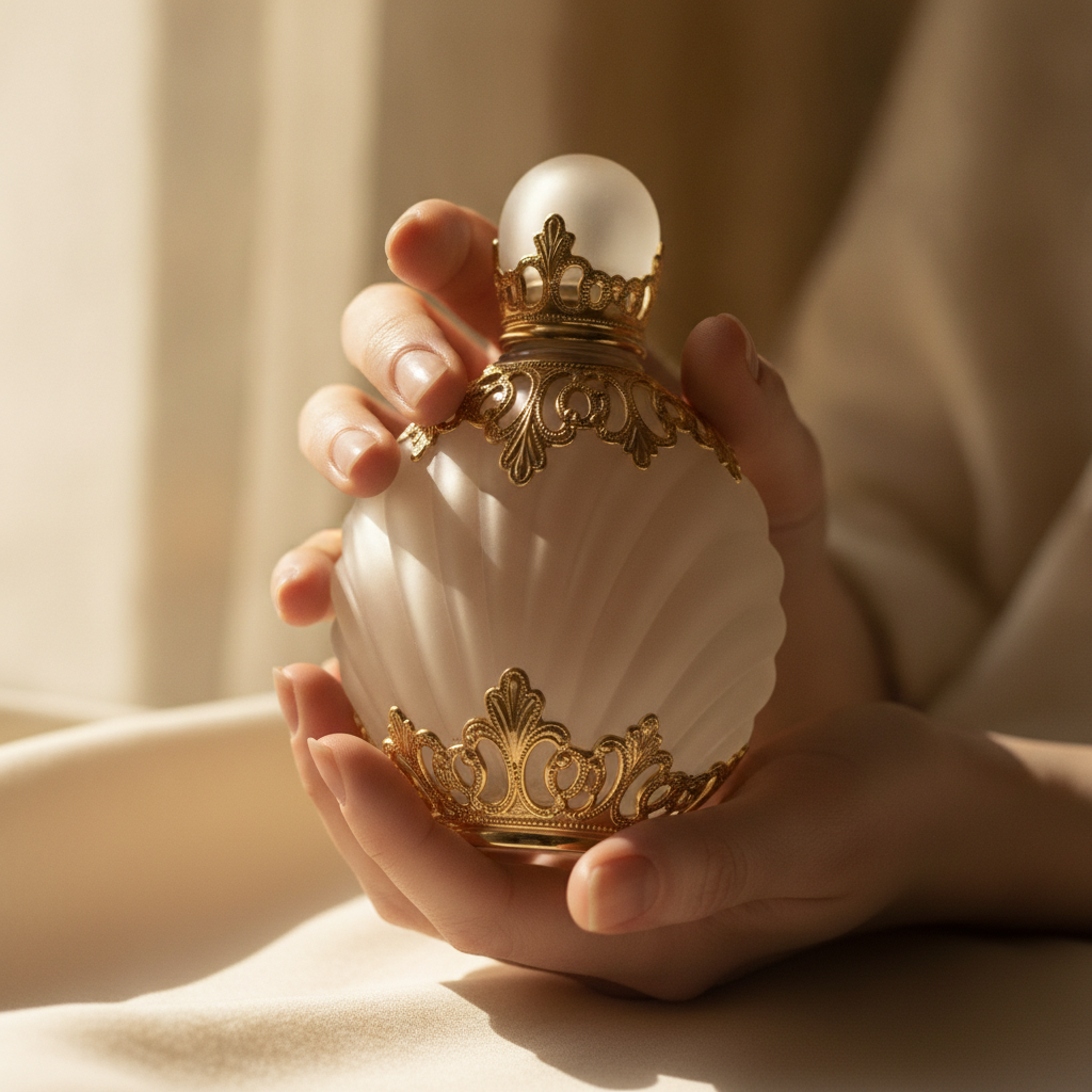 A pair of hands holding a glass perfume bottle, lit by warm natural light against a cream background.