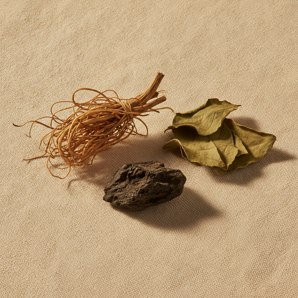 Vetiver root, dark oud wood, and dried patchouli leaves on cream linen in warm side light.