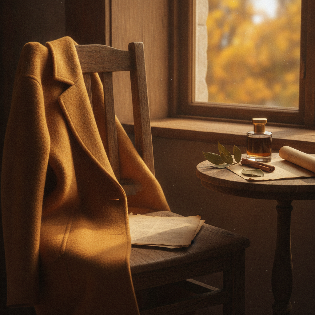 Wool coat draped on a chair beside a dark perfume bottle, dried bay leaves, and a cinnamon stick on a windowsill in autumn light.