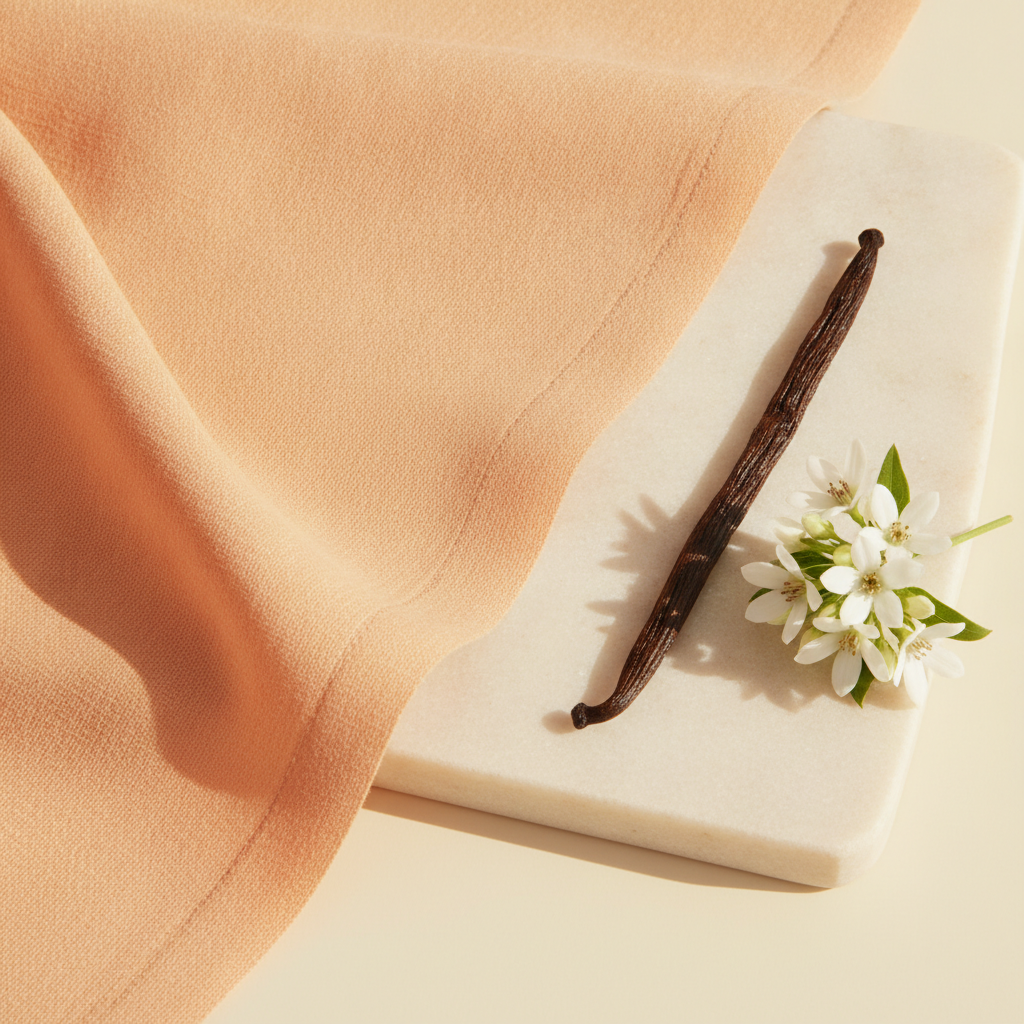 Warm draped fabric with a vanilla pod and small white flowers on a pale stone surface