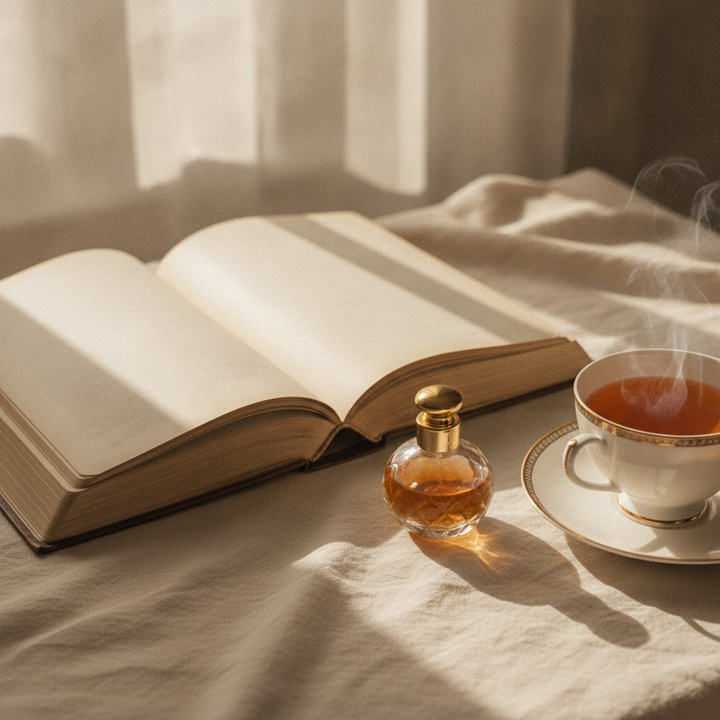 Open blank journal beside a small perfume bottle and a cup of tea in soft morning light