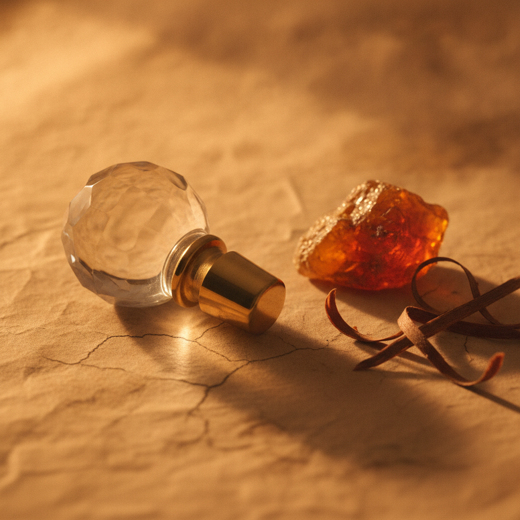 Perfume bottle stopper beside a piece of amber resin and dark wood shavings on a cream parchment surface