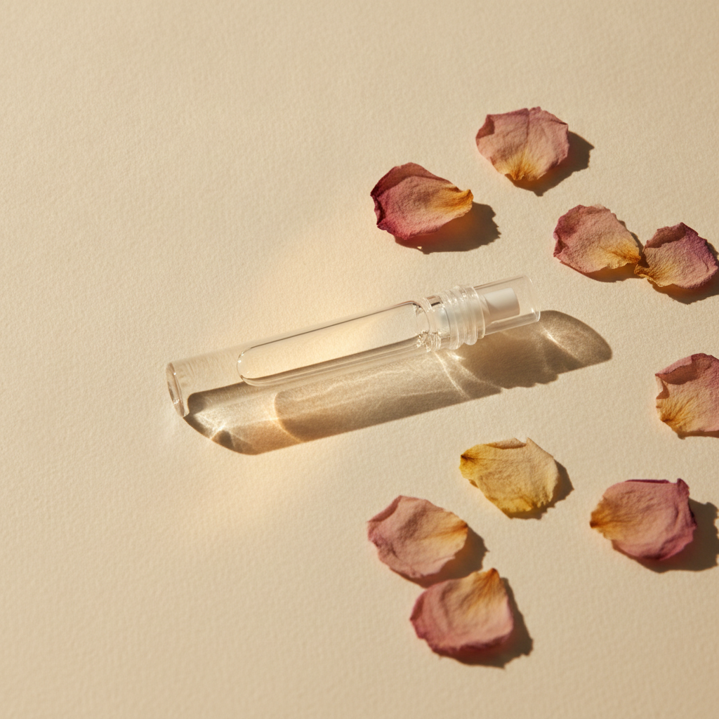 Small glass perfume sample vial on a cream surface with scattered dried petals in warm natural light
