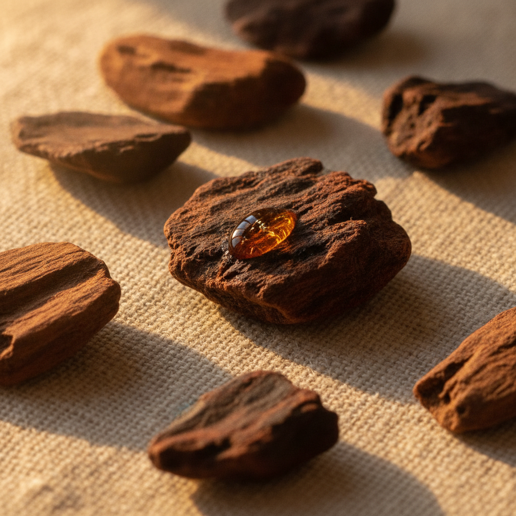 Dark agarwood chips on cream linen with a droplet of amber resin, lit by warm natural light.