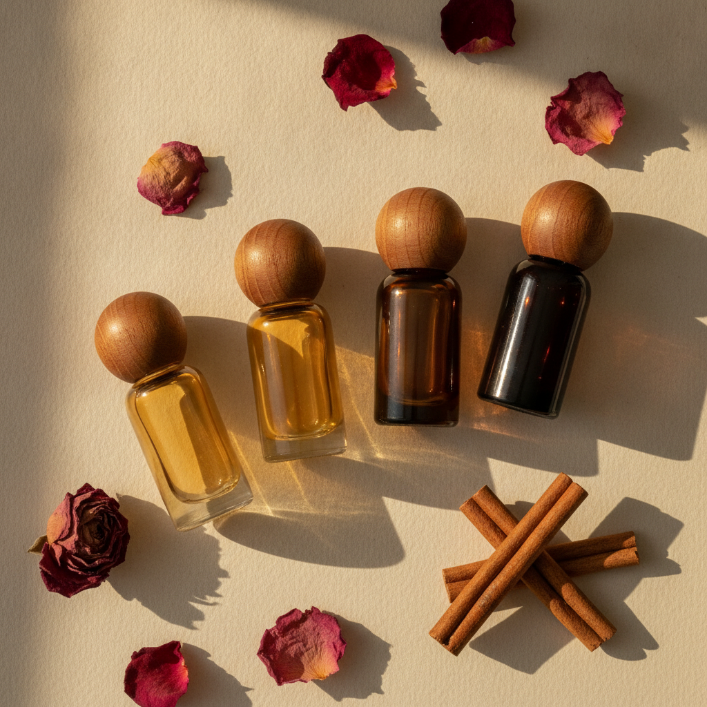 Small amber perfume vials on cream paper with dried rose petals and cinnamon, arranged in warm editorial light.